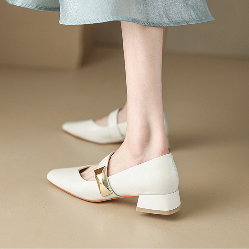 Italian-Style Genuine Leather Square Toe Flats for Women - Comfortable 3 cm Mid-Heel Soft Sole Shoes, Versatile Fashion Footwear