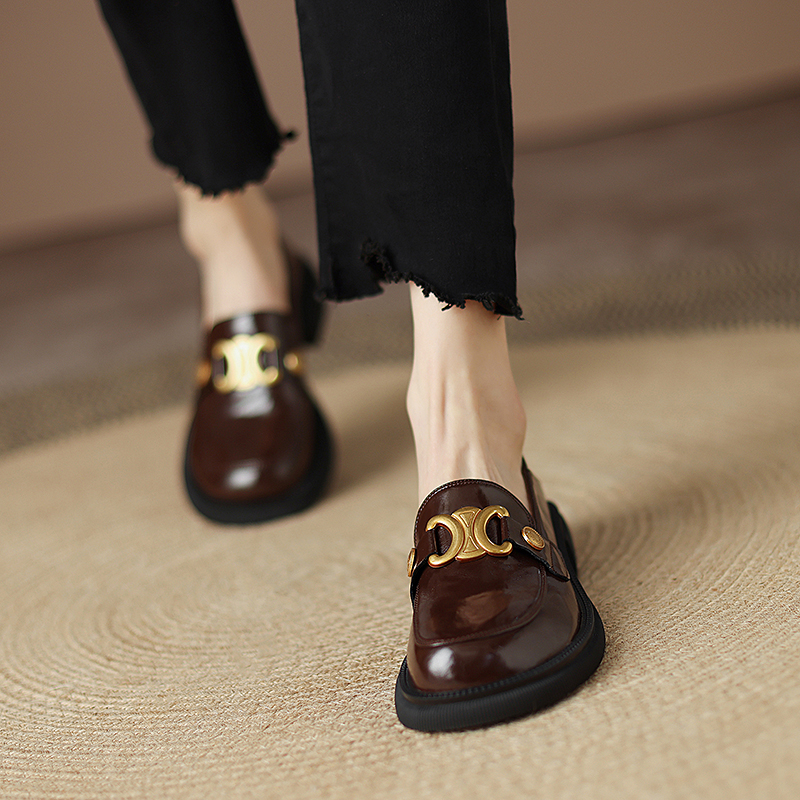 Italian-Style Soft-Soled Genuine Leather Round-Toe Loafers with Metal Buckle for Women - Non-Fatiguing Comfort, Chic Footwear