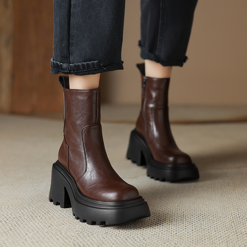 Italian-Style Soft-Soled Non-Fatiguing Thick-Soled Martin Boots for Women in Genuine Leather - 8 cm Height