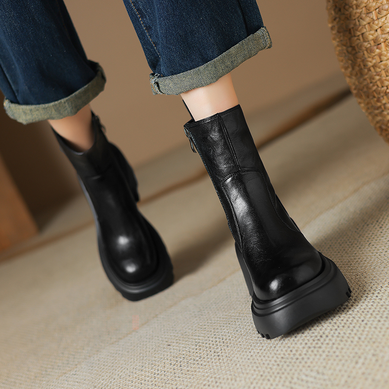 Italian-Style Soft-Soled Non-Fatiguing Thick-Soled Martin Boots for Women in Genuine Leather - 8 cm Height