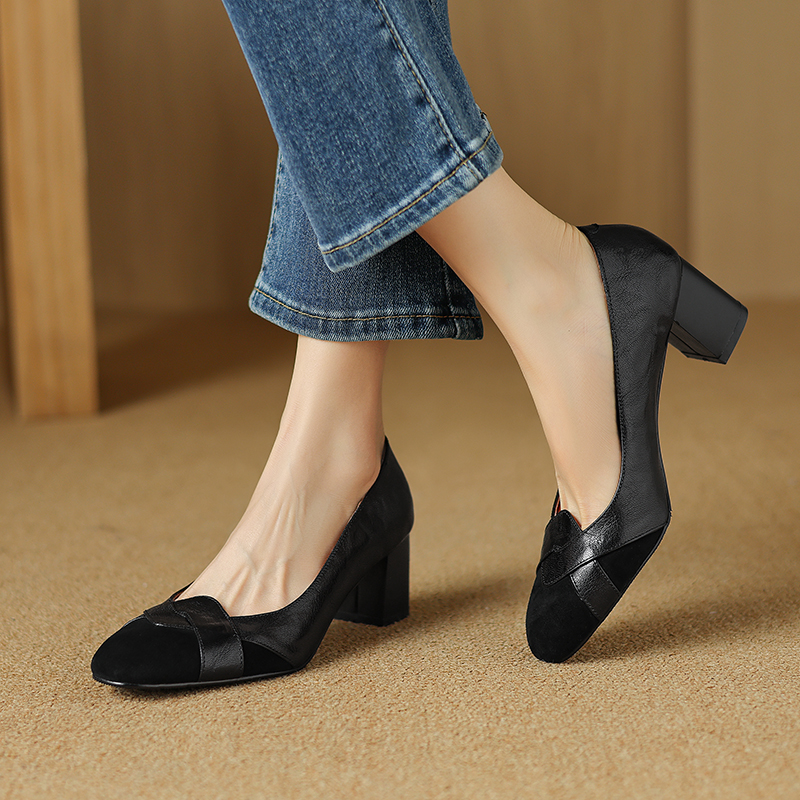 Italian Vintage Genuine Leather Round Toe High Chunky Heel Women's Flats - French Style, Chic Footwear for Effortless Elegance