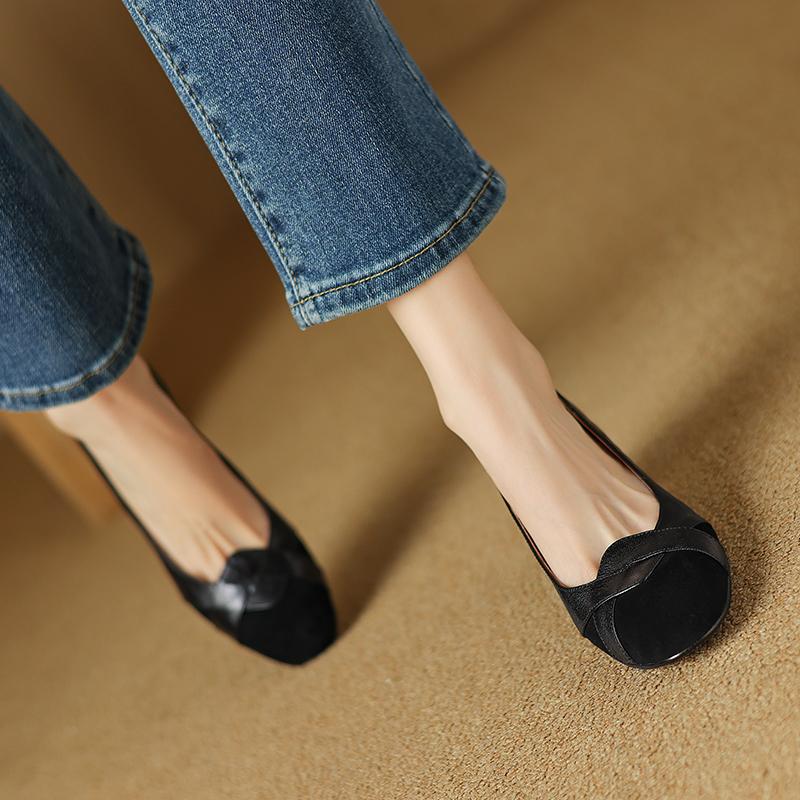 Italian Vintage Genuine Leather Round Toe High Chunky Heel Women's Flats - French Style, Chic Footwear for Effortless Elegance