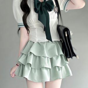 Japanese College Style Pudding Bear JK Uniform Sailor Suit Green Waist-Defined Short Sleeve Summer Outfit with Cake Skirt