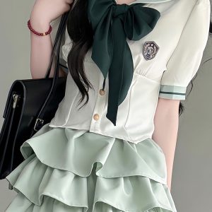 Japanese College Style Pudding Bear JK Uniform Sailor Suit Green Waist-Defined Short Sleeve Summer Outfit with Cake Skirt