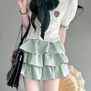 Japanese College Style Pudding Bear JK Uniform Sailor Suit Green Waist-Defined Short Sleeve Summer Outfit with Cake Skirt
