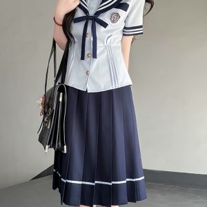Japanese College Style Sailor Suit with Navy Collar and Waist-Collecting Design - Women's Summer Short Sleeve JK Uniform Set