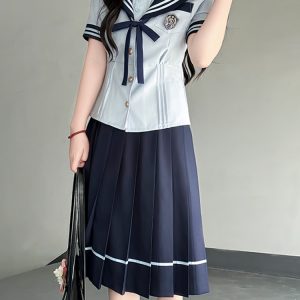 Japanese College Style Sailor Suit with Navy Collar and Waist-Collecting Design - Women's Summer Short Sleeve JK Uniform Set