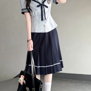 Japanese College Style Sailor Suit with Navy Collar and Waist-Collecting Design - Women's Summer Short Sleeve JK Uniform Set