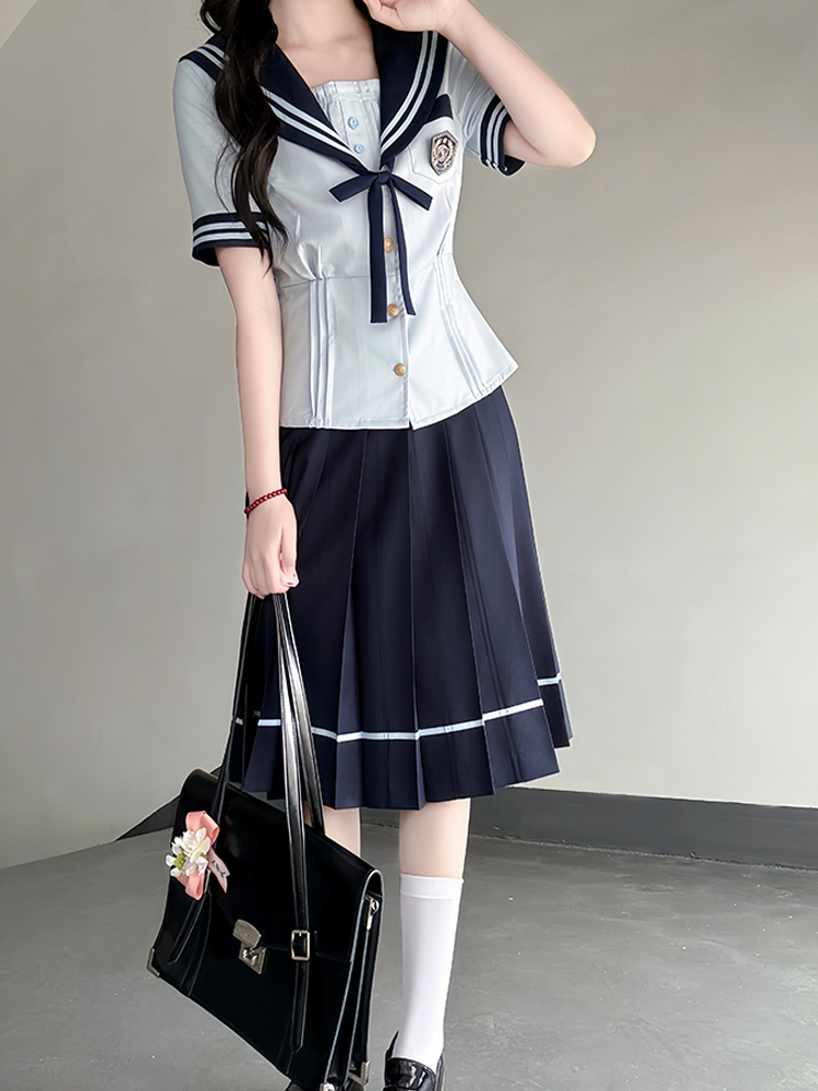Japanese College Style Sailor Suit with Navy Collar and Waist-Collecting Design - Women's Summer Short Sleeve JK Uniform Set Japanese College Style Sailor Suit with Navy Collar and Waist-Collecting Design - Women's Summer Short Sleeve JK Uniform Set