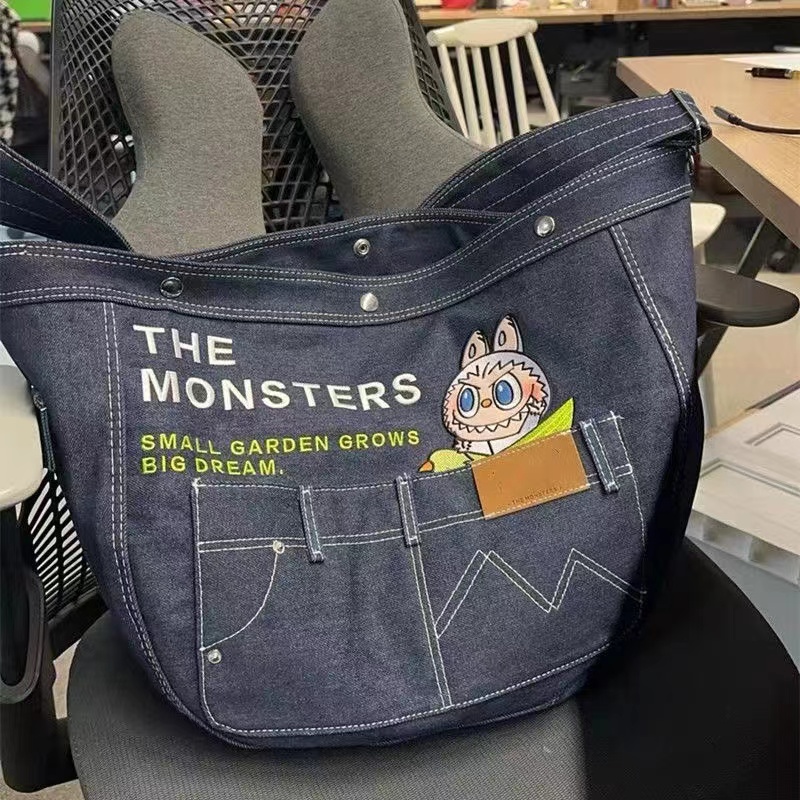 Japanese Korean Cartoon Embroidered Denim Crossbody Shoulder Bag - Large Capacity Tote for Students & Daily Commute