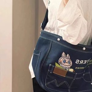 Japanese Korean Cartoon Embroidered Denim Crossbody Shoulder Bag - Large Capacity Tote for Students & Daily Commute