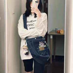 Japanese Korean Cartoon Embroidered Denim Crossbody Shoulder Bag - Large Capacity Tote for Students & Daily Commute