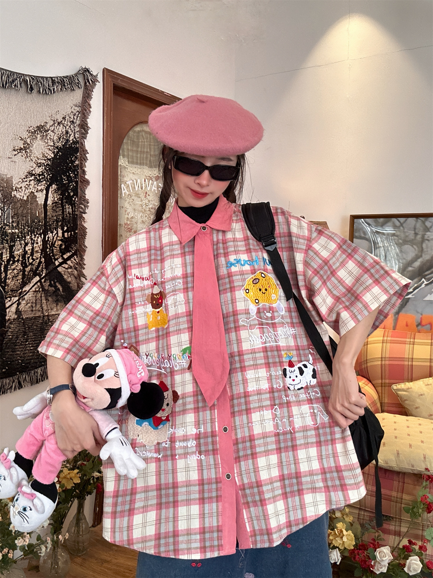 Japanese Retro Cartoon Embroidered Plaid Short Sleeve Shirt for Women - Summer College Style Top Japanese Retro Cartoon Embroidered Plaid Short Sleeve Shirt for Women - Summer College Style Top