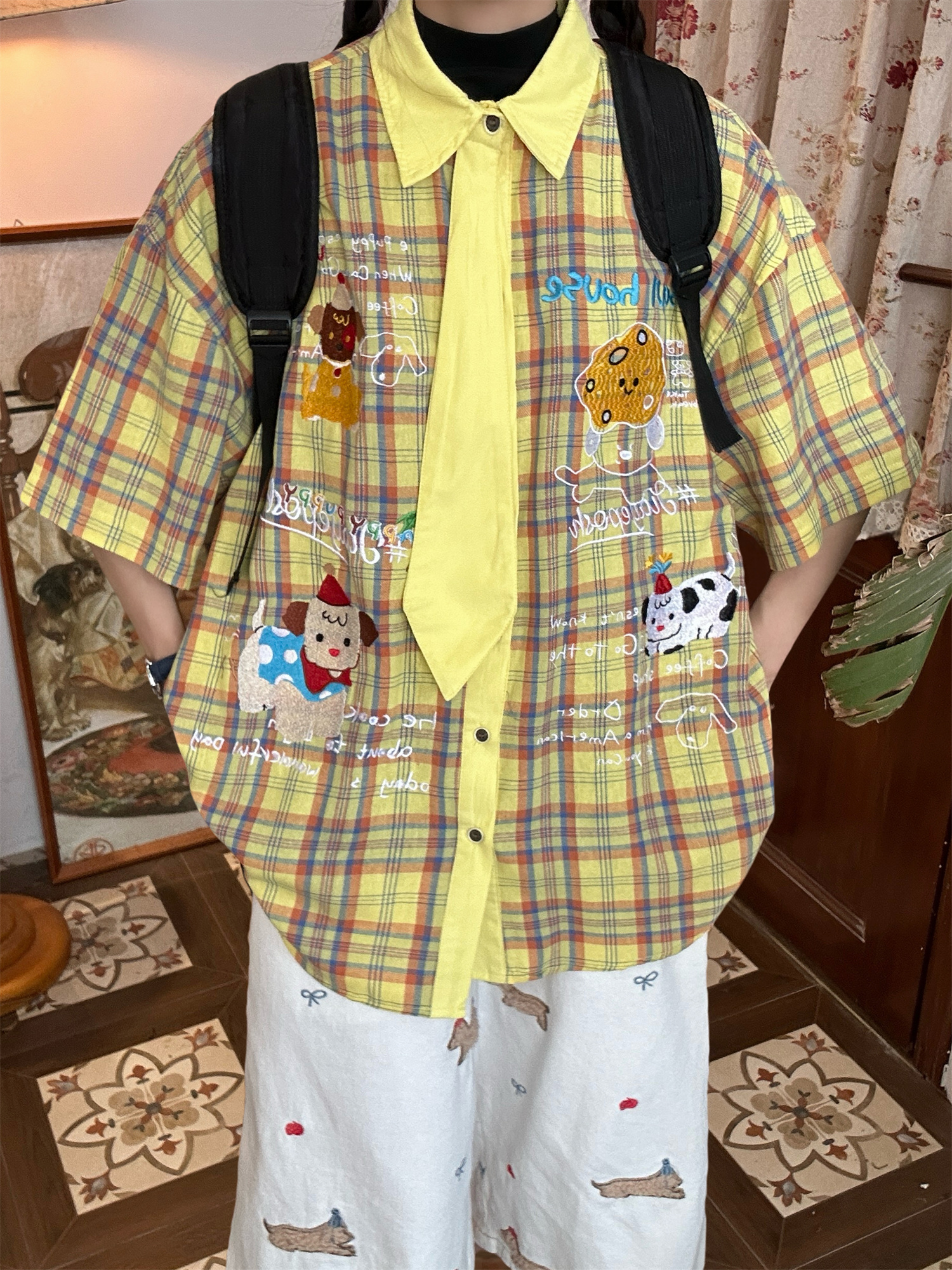 Japanese Retro Cartoon Embroidered Plaid Short Sleeve Shirt for Women - Summer College Style Top Japanese Retro Cartoon Embroidered Plaid Short Sleeve Shirt for Women - Summer College Style Top