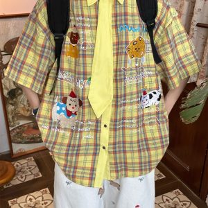 Japanese Retro Cartoon Embroidered Plaid Short Sleeve Shirt for Women - Summer College Style Top