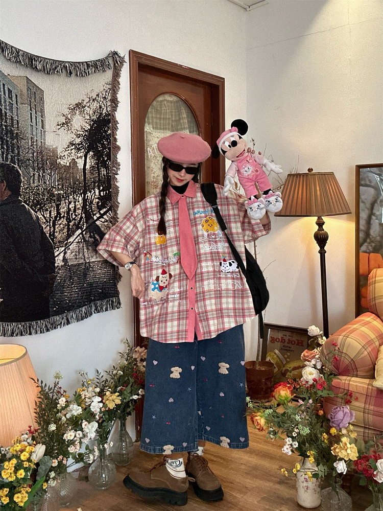 Japanese Retro Cartoon Embroidered Plaid Short Sleeve Shirt for Women - Summer College Style Top Japanese Retro Cartoon Embroidered Plaid Short Sleeve Shirt for Women - Summer College Style Top