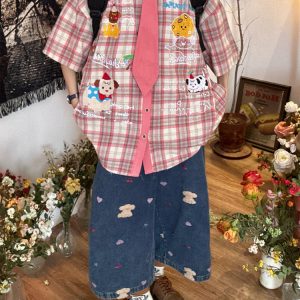 Japanese Retro Cartoon Embroidered Tie Plaid Short Sleeve Shirt for Women - Summer College Style Top