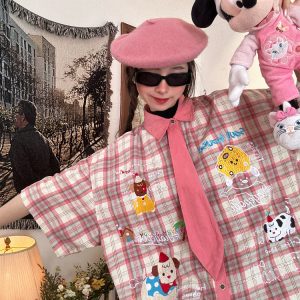 Japanese Retro Cartoon Embroidered Tie Plaid Short Sleeve Shirt for Women - Summer College Style Top
