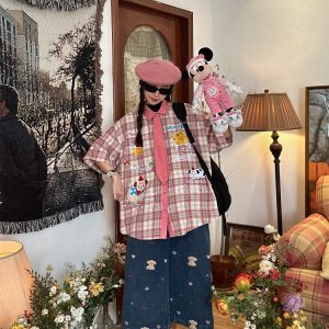 Japanese Retro Cartoon Embroidered Tie Plaid Short Sleeve Shirt for Women - Summer College Style Top