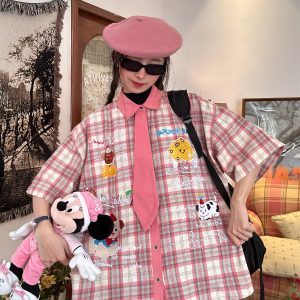Japanese Retro Cartoon Embroidered Tie Plaid Short Sleeve Shirt for Women - Summer College Style Top