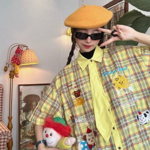 Japanese Retro Cartoon Embroidered Tie Plaid Short Sleeve Shirt for Women - Summer College Style Top