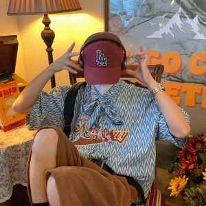 Japanese Retro Cartoon Embroidery Shirt, Loose Gender-Neutral Bow Tie Collar, Summer 90s Ins Style Top