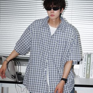 Japanese Retro Checkered Short Sleeve Shirt for Men and Women - Summer BF Style, Casual Loose Fit, Versatile Half-Sleeve Top