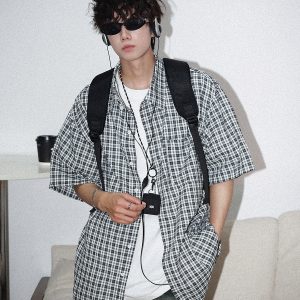 Japanese Retro Checkered Short Sleeve Shirt for Men and Women - Summer BF Style, Casual Loose Fit, Versatile Half-Sleeve Top