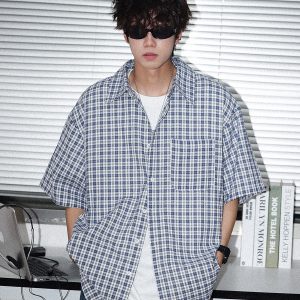 Japanese Retro Checkered Short Sleeve Shirt for Men and Women - Summer BF Style, Casual Loose Fit, Versatile Half-Sleeve Top