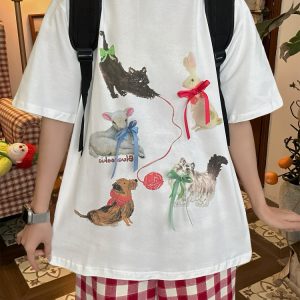 Japanese Retro Cute Cat Print Short Sleeve T-Shirt for Women, Bow Detail, Loose Fit, Y2K Style, Casual Summer Top