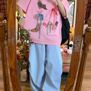 Japanese Retro Cute Cat Print Short Sleeve T-Shirt for Women with Bow and Round Neck - Fun Y2K Style Loose Fit Top