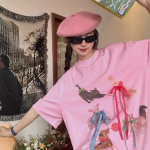 Japanese Retro Cute Cat Print Short Sleeve T-Shirt for Women with Bow and Round Neck - Fun Y2K Style Loose Fit Top