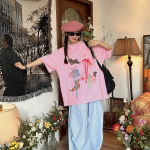 Japanese Retro Cute Cat Print Short Sleeve T-Shirt for Women with Bow and Round Neck - Fun Y2K Style Loose Fit Top