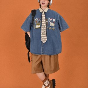 Japanese Retro Floral Embroidered Denim Short Sleeve Shirt - Summer Loose Fit Half Sleeve Top for Effortless Style