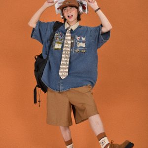 Japanese Retro Floral Embroidered Denim Short Sleeve Shirt - Summer Loose Fit Half Sleeve Top for Effortless Style