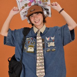 Japanese Retro Floral Embroidered Denim Short Sleeve Shirt - Summer Loose Fit Half Sleeve Top for Effortless Style