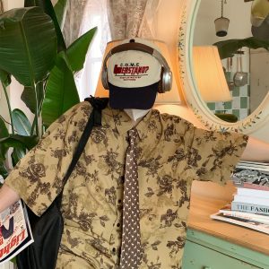 Japanese Retro Floral Print Short Sleeve Shirt - Summer Chic Hong Kong Style Casual Top for Effortless Y2K Fashion