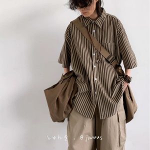 Japanese Retro Harajuku Striped Short Sleeve Shirt for Men and Women - Loose Boyfriend Style Summer Fashion Top