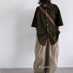 Japanese Retro Harajuku Striped Short Sleeve Shirt for Men and Women - Loose Boyfriend Style Summer Fashion Top