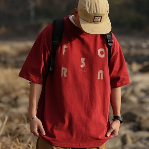 Japanese Retro Loose Casual Red Short Sleeve T-Shirt for Men and Women, Summer Letter Print Heavyweight Cotton Top