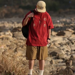 Japanese Retro Loose Casual Red Short Sleeve T-Shirt for Men and Women, Summer Letter Print Heavyweight Cotton Top