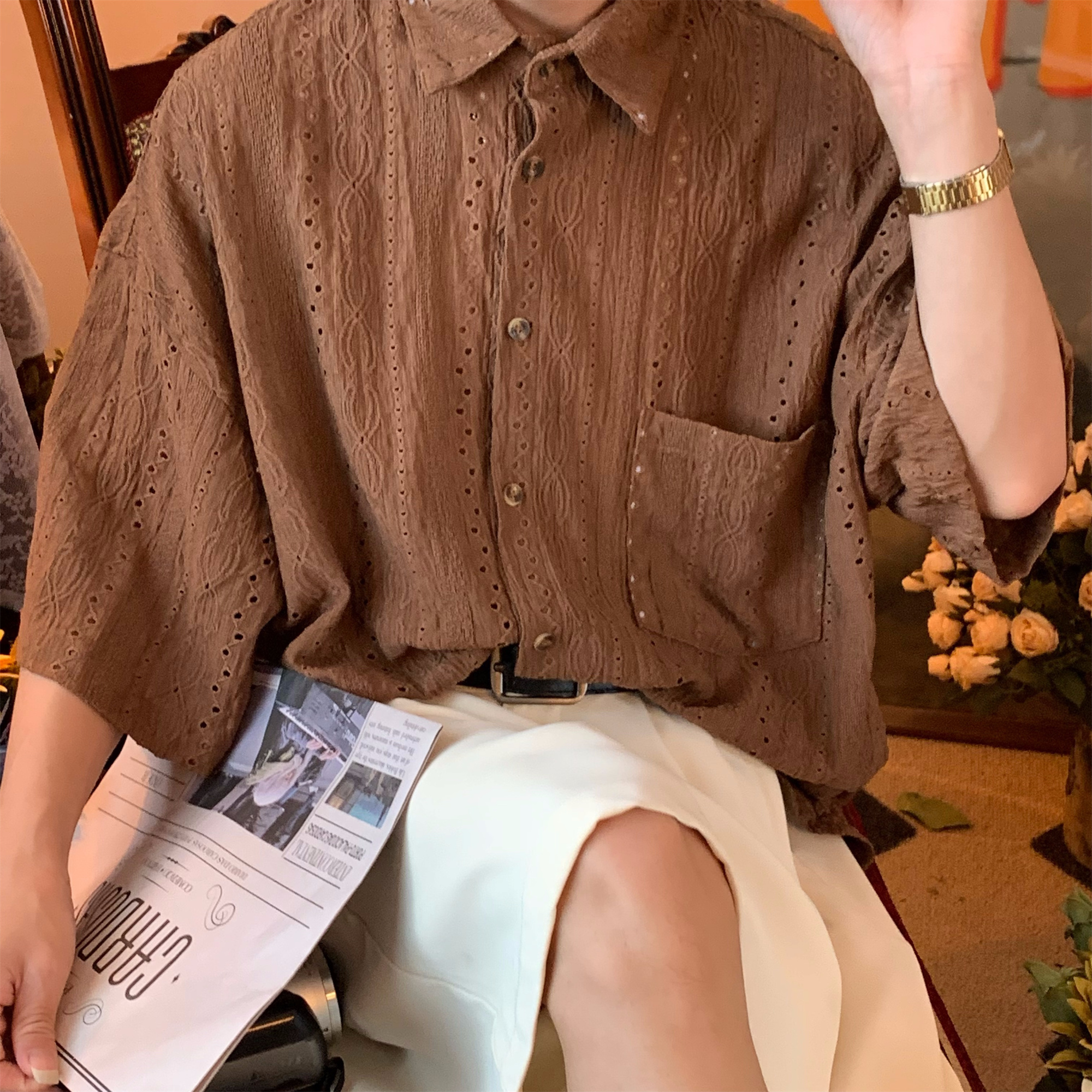 Japanese Retro Minimalist Hollow Short Sleeve Shirt - Summer Light Luxury Unisex Top for a Niche 90s Aesthetic Japanese Retro Minimalist Hollow Short Sleeve Shirt - Summer Light Luxury Unisex Top for a Niche 90s Aesthetic