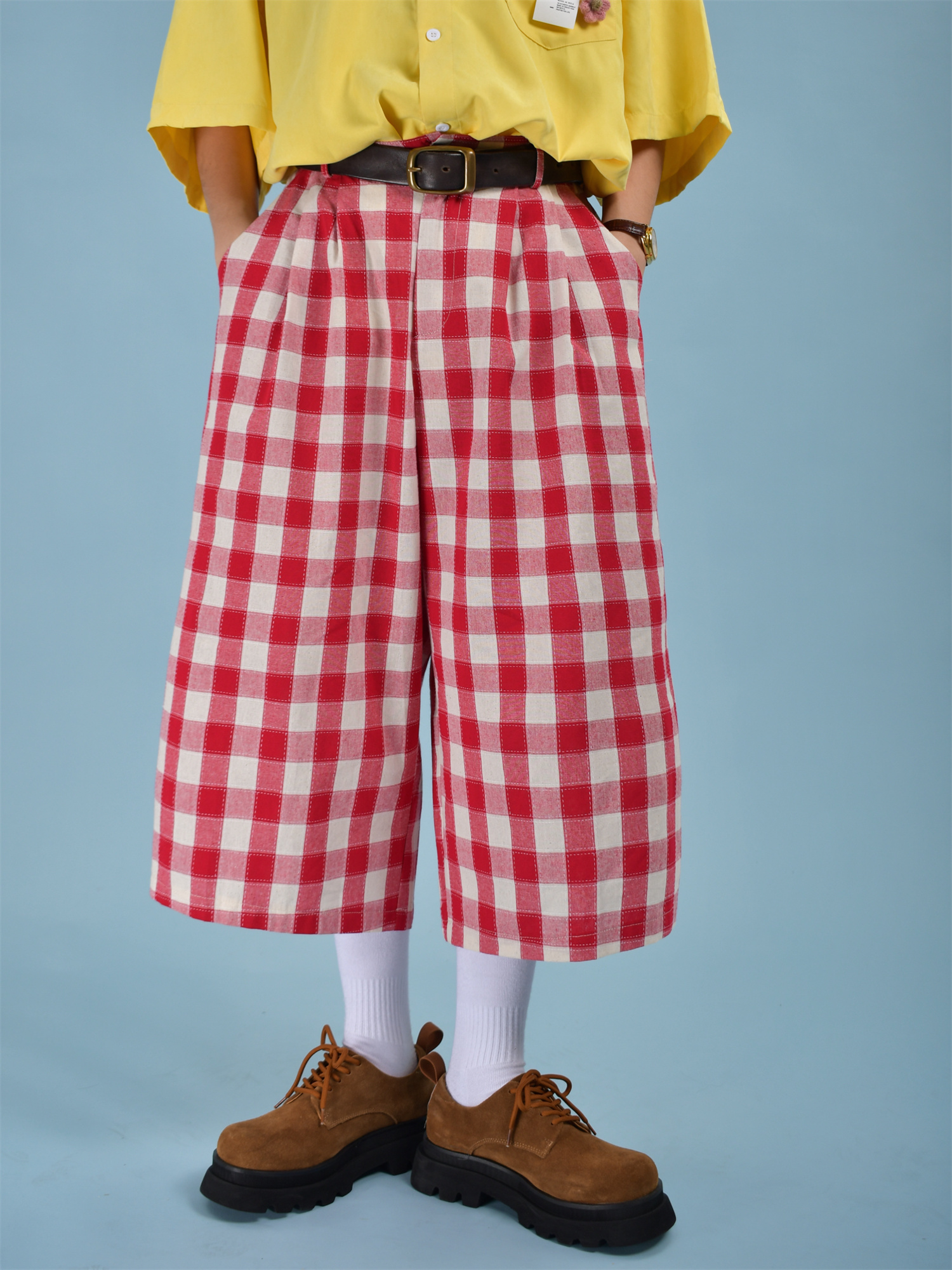 Japanese Retro Plaid Loose Casual Unisex Summer Wide-Leg Three-Quarter Pants - Versatile 90s Inspired Fashion Japanese Retro Plaid Loose Casual Unisex Summer Wide-Leg Three-Quarter Pants - Versatile 90s Inspired Fashion