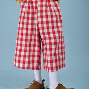 Japanese Retro Plaid Loose Casual Unisex Summer Wide-Leg Three-Quarter Pants - Versatile 90s Inspired Fashion