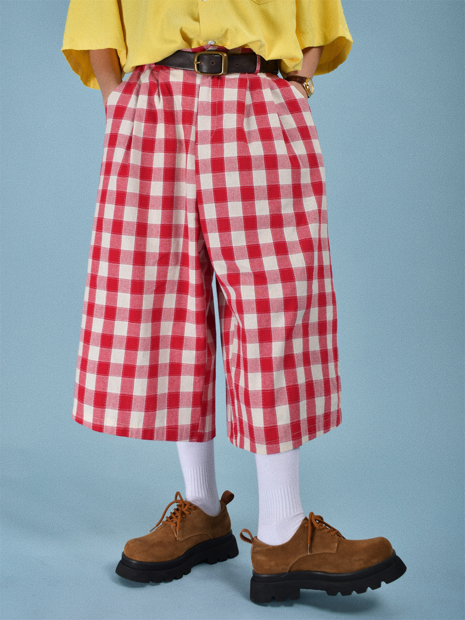 Japanese Retro Plaid Loose Casual Unisex Summer Wide-Leg Three-Quarter Pants - Versatile 90s Inspired Fashion Japanese Retro Plaid Loose Casual Unisex Summer Wide-Leg Three-Quarter Pants - Versatile 90s Inspired Fashion