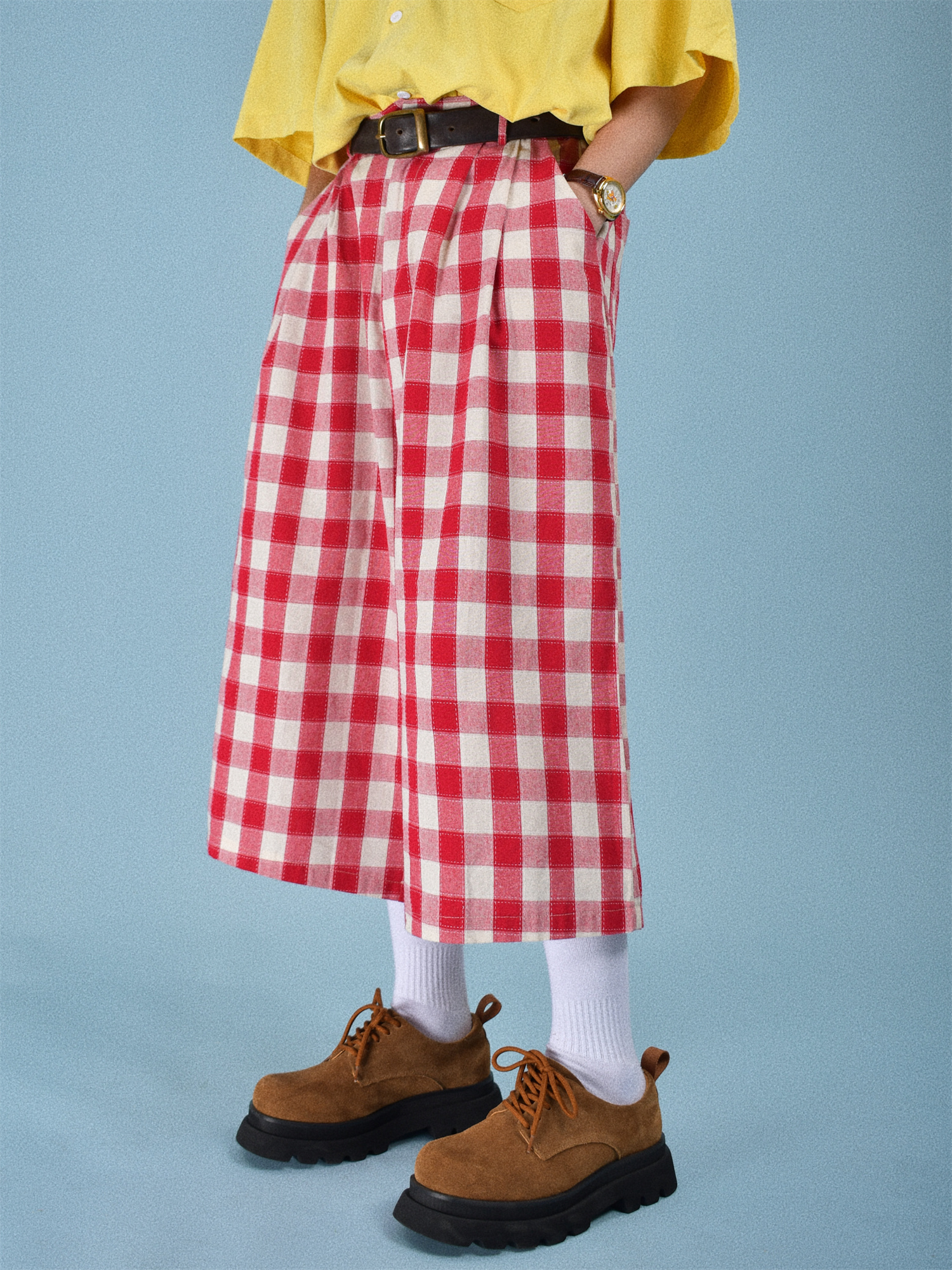 Japanese Retro Plaid Loose Casual Unisex Summer Wide-Leg Three-Quarter Pants - Versatile 90s Inspired Fashion Japanese Retro Plaid Loose Casual Unisex Summer Wide-Leg Three-Quarter Pants - Versatile 90s Inspired Fashion