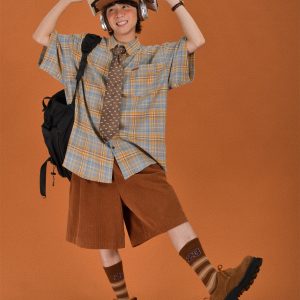 Japanese Retro Plaid Short Sleeve Shirt for Men and Women, Summer Loose Checkered Half Sleeve Top, Versatile 90s Style Fashion