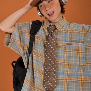 Japanese Retro Plaid Short Sleeve Shirt for Men and Women, Summer Versatile Loose Checkered Half Sleeve Top - Y2K Style