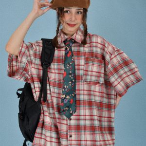 Japanese Retro Plaid Short Sleeve Shirt for Men and Women, Summer Versatile Loose Checkered Half Sleeve Top - Y2K Style