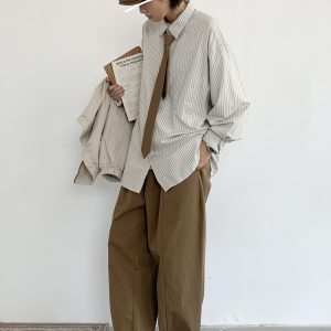 Japanese Retro Striped Long Sleeve Shirt for Men and Women, Loose Casual College Style Jacket, Light-Colored Spring Autumn Fashion